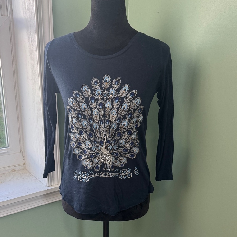 Lucky Brand Dark Blue Peacock Design Top XS